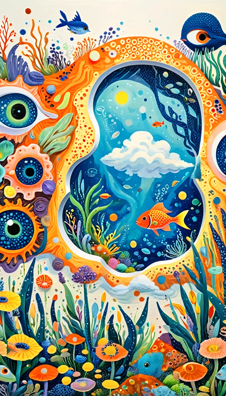 3D，Children's graffiti,Thick coating，Concave and convex texture，Oil pastel strokes：window，A cloud，、iris、fish、Tentacles、bird、Eye、diatom，Abstract mosaic painting，Describing the inner world of autistic people，Sense of space，White Space，interesting，Innocence，Psychedelic Art，Orange overall
