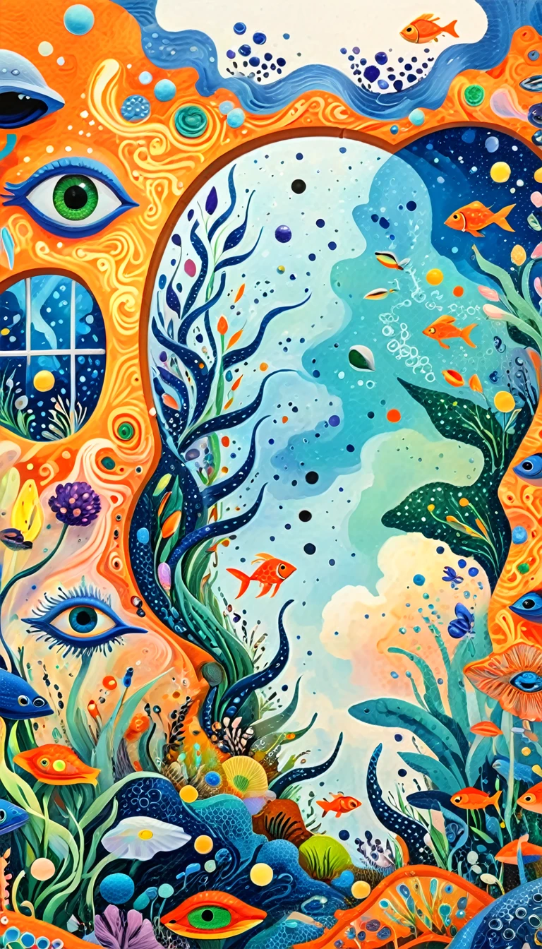 3D，Children's graffiti,Thick coating，Concave and convex texture，Oil pastel strokes：window，A cloud，、iris、fish、Tentacles、bird、Eye、diatom，Abstract mosaic painting，Describing the inner world of autistic people，Sense of space，White Space，interesting，Innocence，Psychedelic Art，Orange overall
