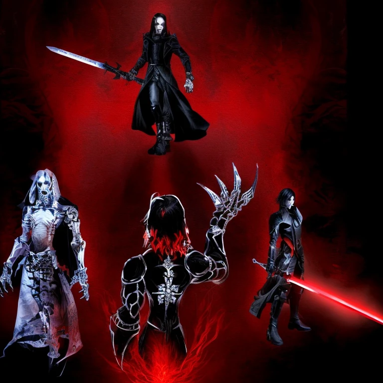 A collection of four dark fantasy characters, with two men and two women with different weapons. One man is wearing a long black coat with red details and studs, wielding a glowing red sword. Second character, skeletal female figure in rags, with clawed hands and exposed skeletal arms. The third one is a sketch of the character from behind., displaying mechanical or armored arms and complex designs, tattooed on the back. The fourth figure is a man in a black leather suit., waving a huge sword, standing in a determined pose.