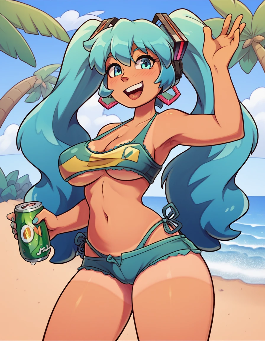 "A Brazilian version of Hatsune Miku on the beach, wearing a vibrant swimsuit with big breasts and thighs . She has long hair with two aqua colored pigtails., tanned skin with visible tan lines and wearing a colorful bikini with matching top and bottom. Miku holds a can of Guaraná Antarctica in one hand and smiles happily. She also has a tropical flower in her hair and is standing on a sunny beach with palm trees., ocean waves and a clear blue sky in the background."