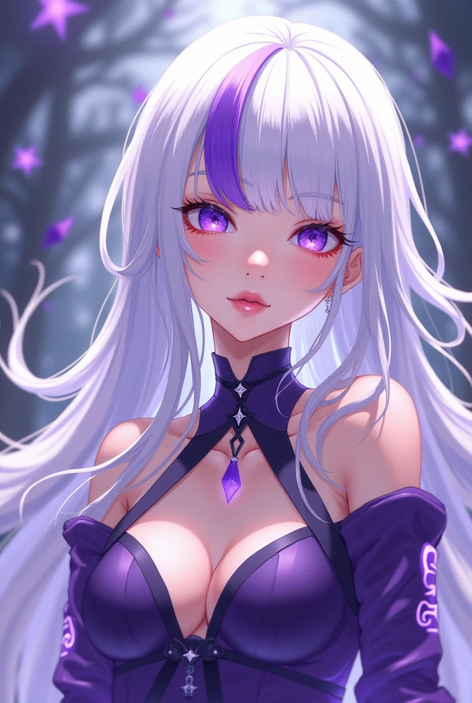 (masterpiece, best quality, ultra-detailed, best shadow), (detailed background,dark fantasy), (beautiful detailed face), high contrast, (best illumination, an extremely delicate and beautiful), ((cinematic light)), colorful, hyper detail, dramatic light, intricate details, (1girl, solo,white hair, sharp face,purple eyes, hair between eyes,dynamic angle), blood splatter, swirling black light around the character, depth of field,black light particles,(broken glass),magic circle,