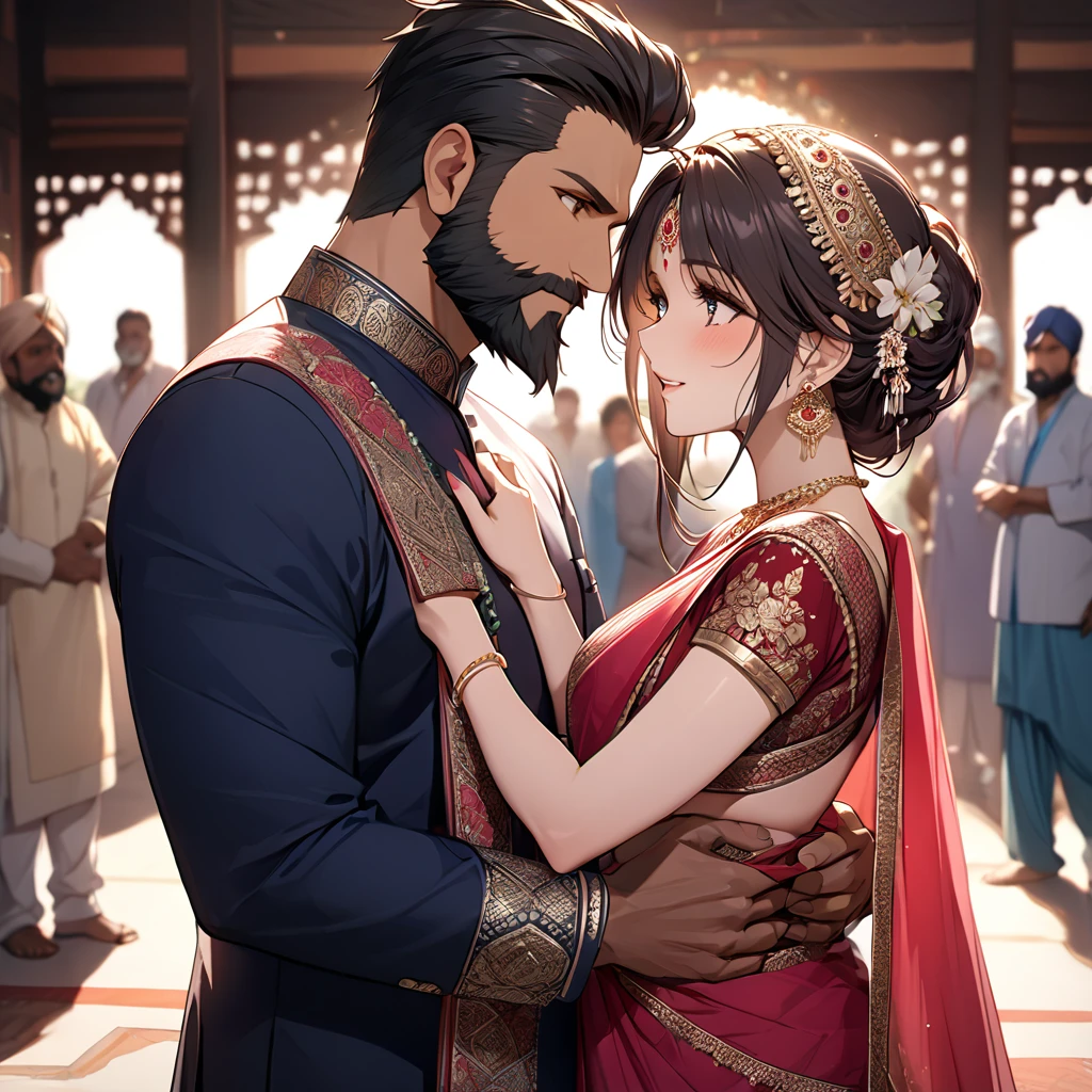 ((Highest quality)), ((masterpiece)), (detailed), （Perfect Face）The woman is Lunamaria、The woman is wearing the traditional Indian dress, a sari.、The woman is getting married to a middle-aged Indian man with a beard.