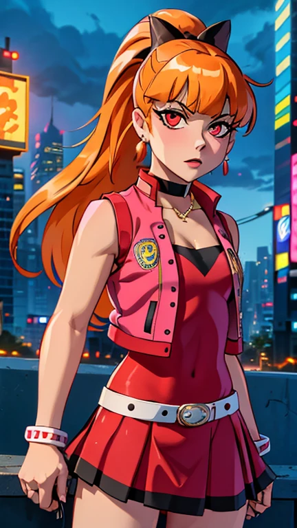 (s:1girl: ppgzbs), (extremely detailed CG unit 8k wallpaper),(master part), (best quality), (ultra detail), (best illustration),(city-scene-aso), cowboy shot, (Sharp eyeliner, ombre, detailed eyes:1), night, cyberpunk city, outdoor, ,break , (timmstyle), upper body, red eyes, long orange hair, ponytail, hair bow, blunt bangs, earrings, black choker, pink vest, red skirt, belt