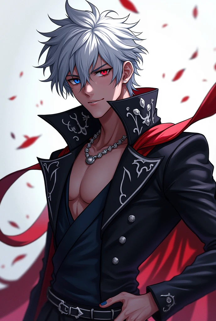 absurdres, highres, ultra detailed, HDR, masterpiece, Gojo Satoru, white hair with bangs, hair between the eyes, expressive blue eyes, white eyelashes, Jujutsu Kaisen, solo, sexy man, very handsome, window, red curtains, moon, red roses, red petals, fantasy, tight black leather clothes, red cape, belt around his chest, accessories