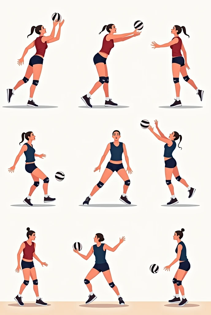 Image that is divided into several parts and that has volleyball players showing the technical fundamentals of volleyball in Spanish
