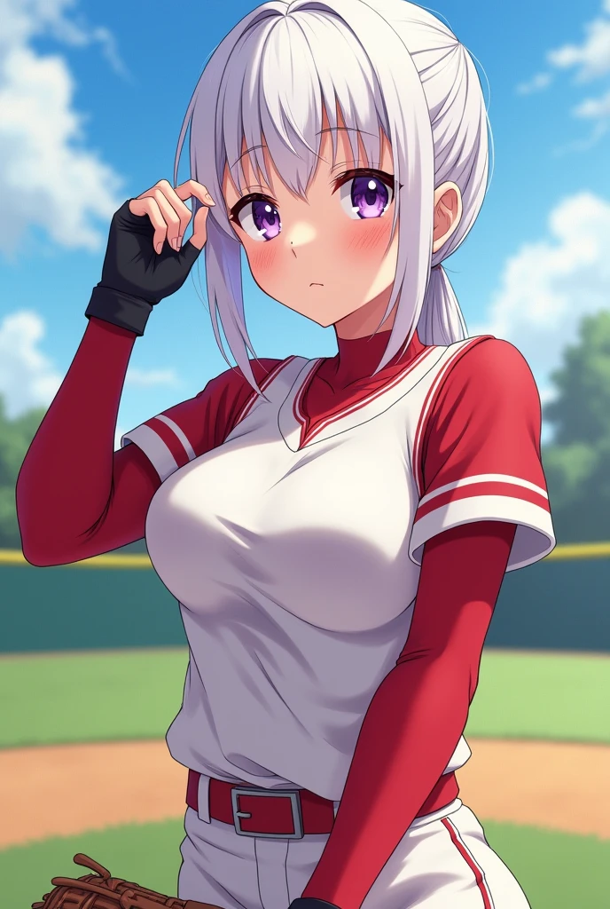 mastute piece,Best Quality,insanely detailed,8k cg,nsfw,
shoot upper body,(body in front:1.1),
1girl,standing,looking at viewer,Proudly、(upright:1.3),(Baseball uniform、Baseball Cap),bare breasts,
break,blush,shy,(trembling:1.2),break,(white hair),(large breasts:1.3),Short:1.2、(open mouth:0.9),(baseball Ground),
