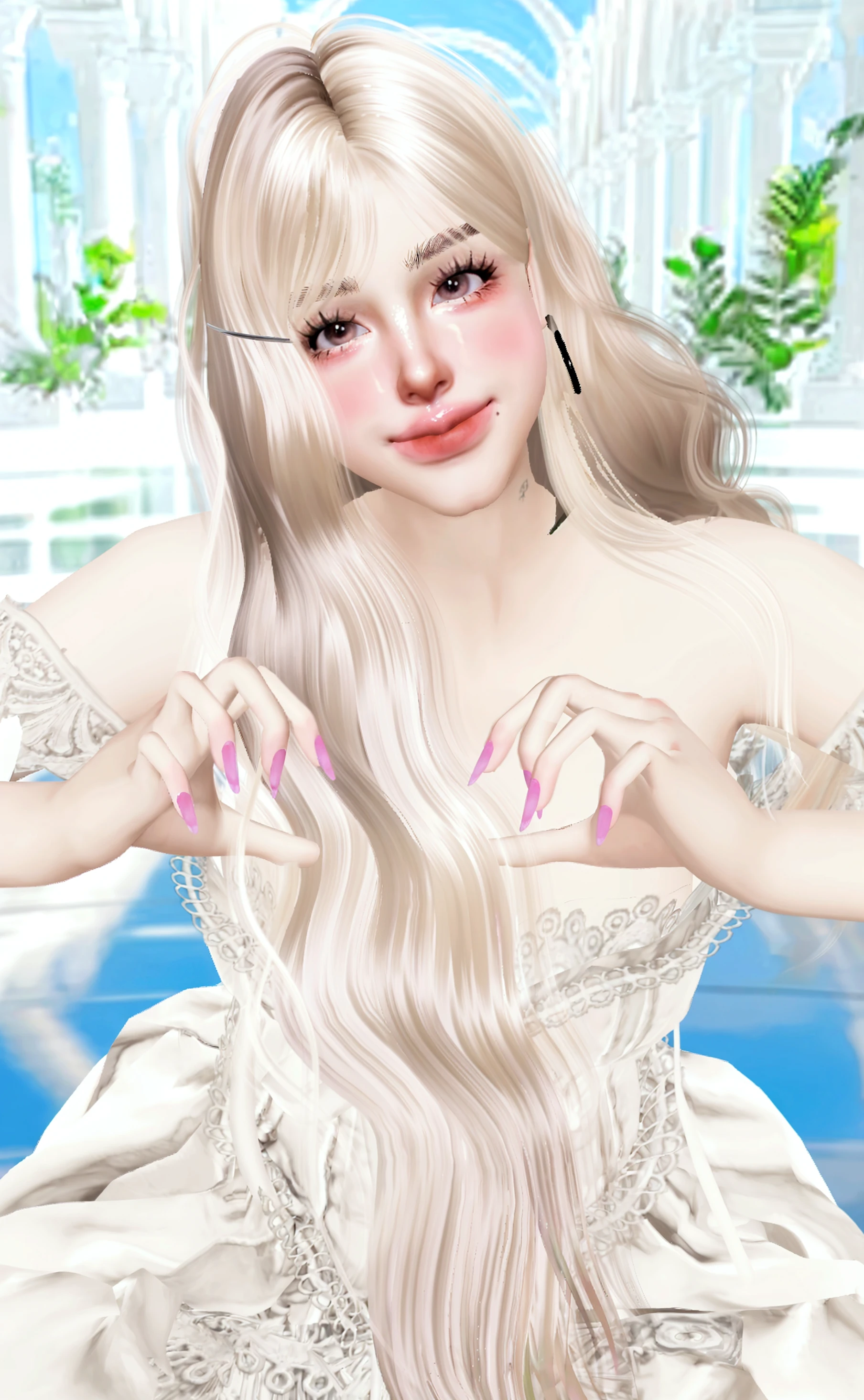 Woman, long blonde hair, long pink hair, beautiful face, facing the audience, kneeling on the ground licking cream, cream splashing, cream covering face, cream dripping, mouth with cream, face bulging