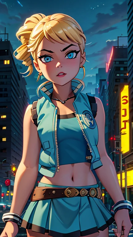 (Teens:1girl: ppgzbb), (extremely detailed CG unit 8k wallpaper),(master part), (best quality), (ultra detail), (best illustration),(city-scene-aso), cowboy shot, (Sharp eyeliner, ombre, detailed eyes:1), night, cyberpunk city, outdoor, ,break , (timmstyle), upper body, blue eyes, blonde hair, twin drills, hairclip, earrings, vest, blue skirt, short skirt