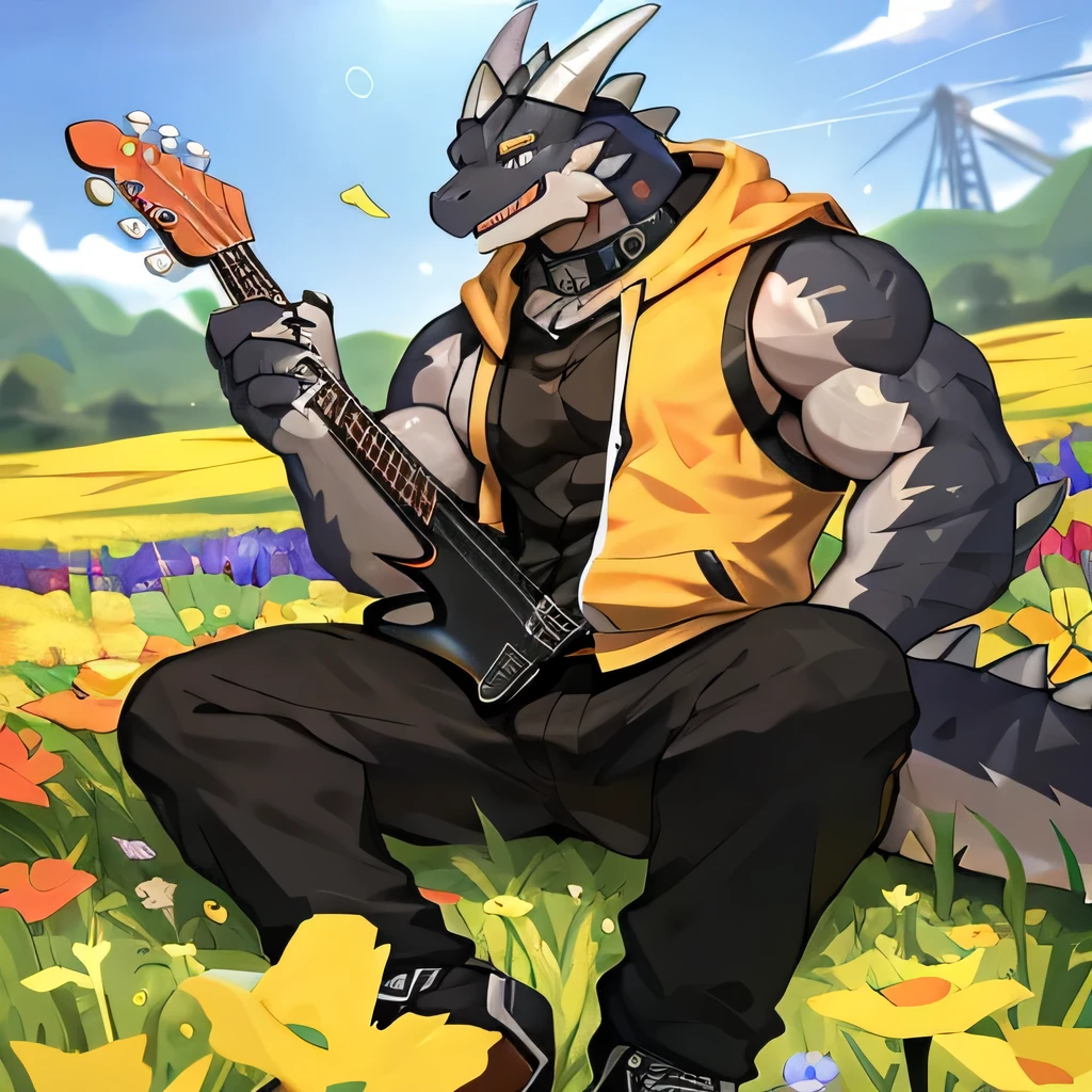 dragon，guitar，有一条黑dragonIn the flower fields演奏guitar, Playing the piano，Tall handsome guys, Big abdominal muscles, muscular, 1 boy, Solitary, Golden Eyes，Wear casual suits（Wearing an orange hoodie）, Handsome，（Face clarity），Collar Dog, In the flower fields，A field of flowers ，怀里面抱着guitar，双手抱着演奏guitar，演奏guitar, short, on the grass, Physical activity, Full body pictures, Tight black vest, Wearing a vest, 2 man :: happy，Show your claws，No shoes