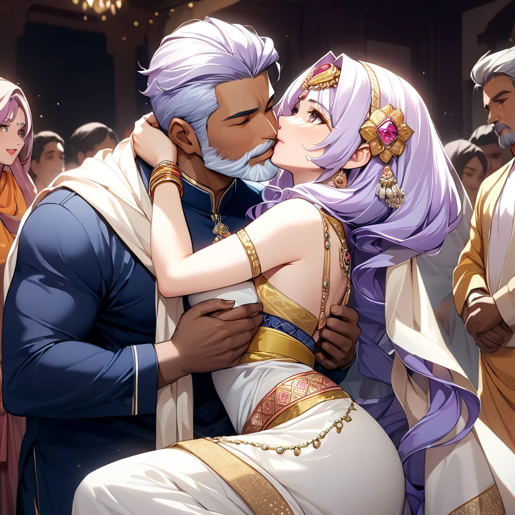 ((Highest quality)), ((masterpiece)), (detailed), （Perfect Face）、The woman has light purple hair in Extia Magica、The woman is wearing the traditional Indian dress, a sari.、The woman is embracing and kissing a middle-aged Indian man with a beard in their wedding ceremony.