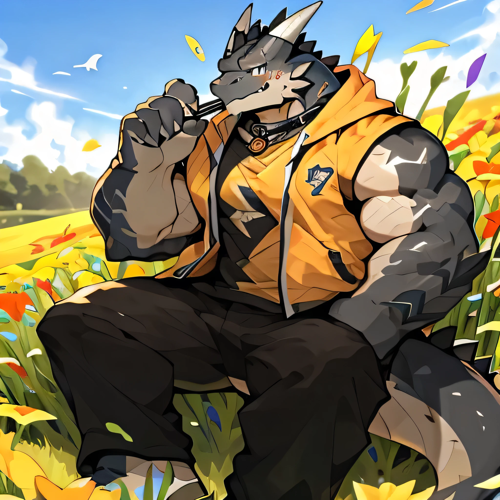 dragon，guitar，有一条黑dragonIn the flower fieldsGuitar, Play bass，sports tall handsome guys, Big abdominal muscles, muscular, 1 boy, Solitary, Golden Eyes，Wear casual suits（Wearing an orange hoodie）, Handsome，（Face clarity），Collar Dog, In the flower fields，A field of flowers ，Holding a guitar in my arms，双手抱着Guitar，Guitar, short, on the grass, Athletic Body, Full body pictures, Tight black vest, Wearing a vest, 2 man :: sports