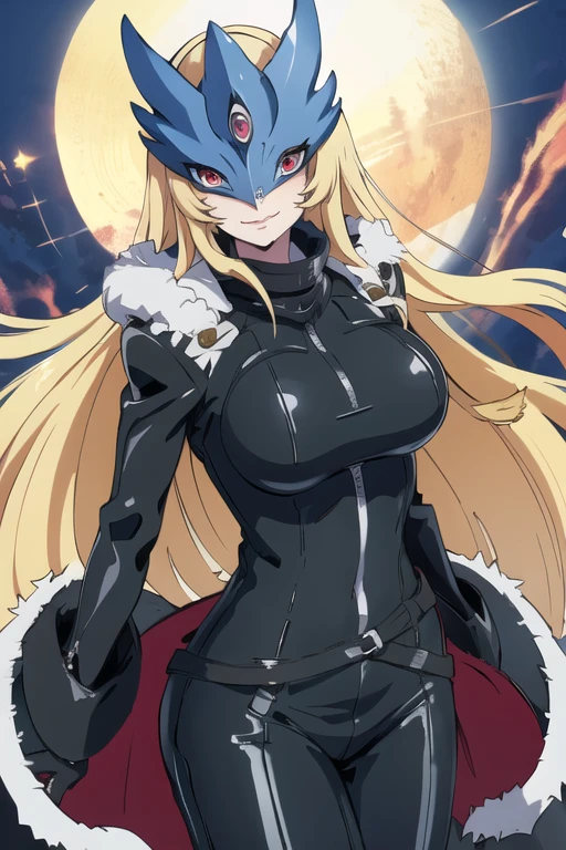 ((masterpiece,best quality)), absurdres, Beelstarmon_Digimon, 1girl, smile, solo,  blonde hair, large breasts, red eyes, sidelocks, third eye, mask,  (fur coat:1.5), cowboy shot, gloves, leather pants 