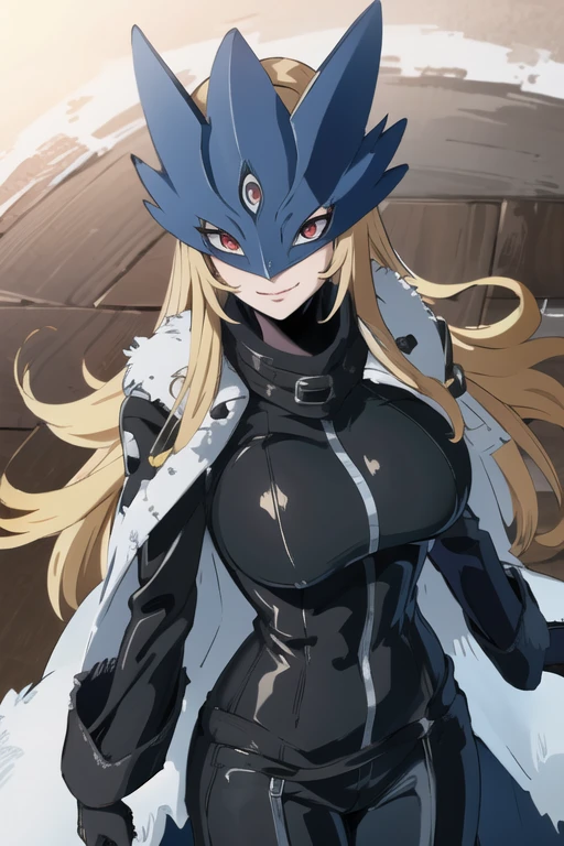 ((masterpiece,best quality)), absurdres, Beelstarmon_Digimon, 1girl, smile, solo,  blonde hair, large breasts, red eyes, sidelocks, third eye, mask,  (fur coat:1.5), cowboy shot, gloves, leather pants, standing