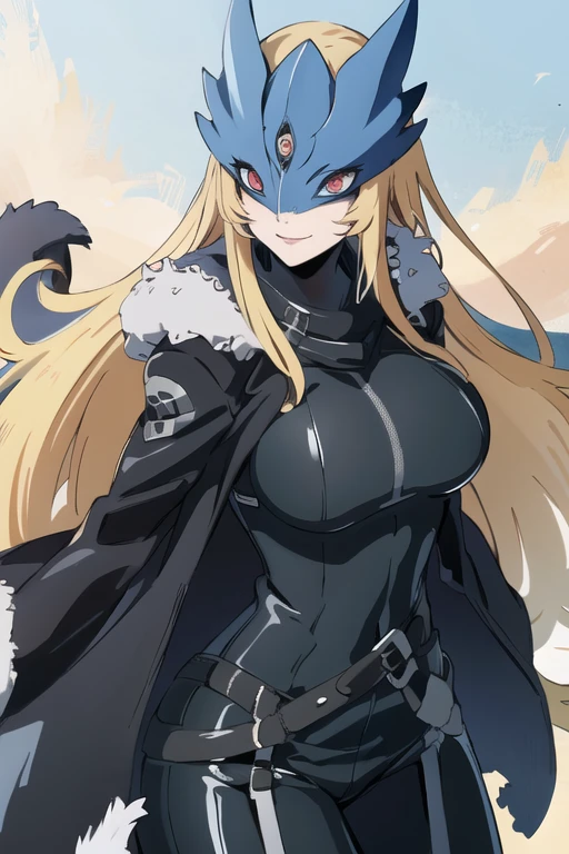 ((masterpiece,best quality)), absurdres, Beelstarmon_Digimon, 1girl, smile, solo,  blonde hair, large breasts, red eyes, sidelocks, third eye, mask,  (fur coat:1.5), cowboy shot, gloves, leather pants, standing