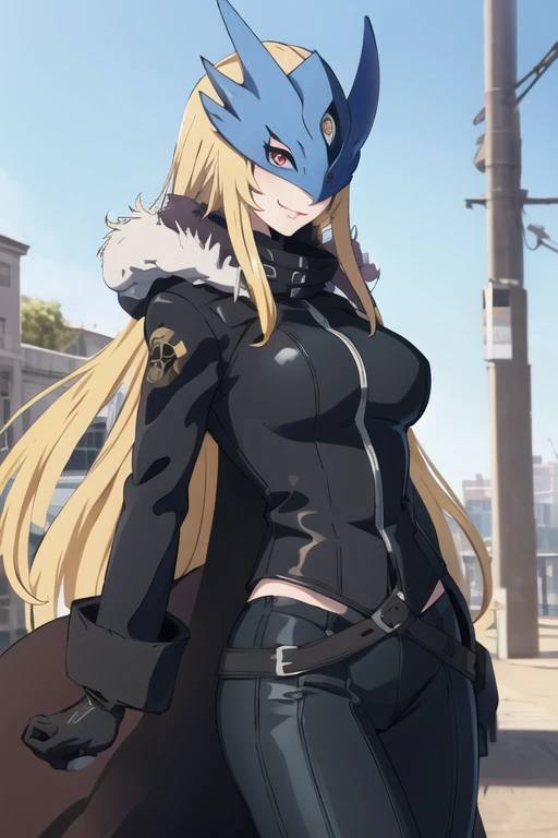 ((masterpiece,best quality)), absurdres, Beelstarmon_Digimon, 1girl, smile, solo,  blonde hair, large breasts, red eyes, sidelocks, third eye, mask,  (fur coat:1.5), cowboy shot, gloves, leather pants, standing