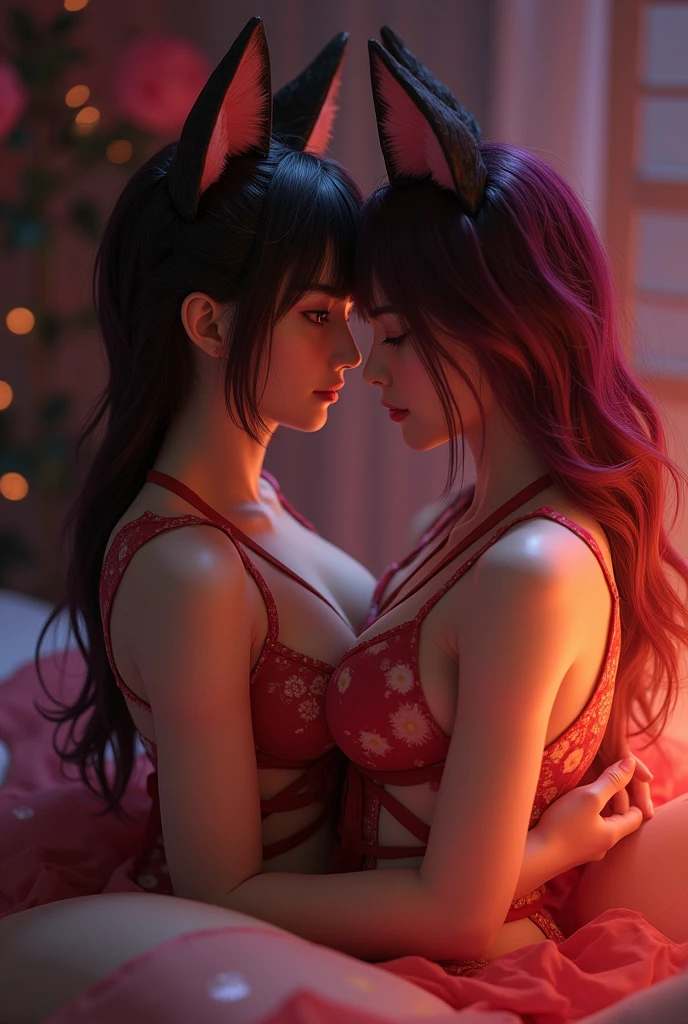 two girl kissing while they bound ,full body picture  in dungeon ,glamour, fashion photo, vogue magazine, beautiful, 18 years old, girl with messy  hair, skinny, medium breast, pure eyes, makeup, details, higly detailed, Fashion Magazine, , sunset, rim light, cinematic lighting, long pink shiny satin dress and tiara,long sleeves, ,, (clear left side of the body:1.2), hair over right eye, ((disheveled hair)), sexy pose,bound