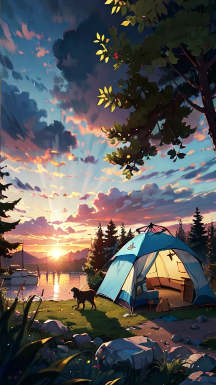 beautiful sunset, break (work of art, best qualityer:1.2), plein-air, naturey, forst, pine trees, gram, tall gram, detailed gram, plants, giorno, clouds, caravan, Puppy, tent, café