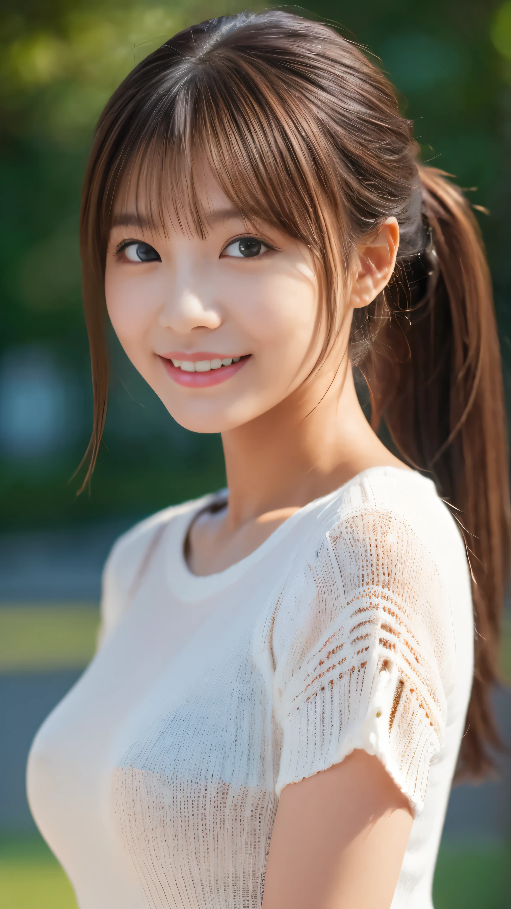masterpiece, best quality, ultra high res, ultra detailed, sharp focus, 1girl, solo, a stunning pretty and beautiful Japanese sexy model, 19yo, looking at viewer:1.3, (bright smile:0.6), wearing a (blouse), dusk, sunset, night, realistic, Slender, (standing:1.1), (looking at the viewer:1.3), sexy gaze, blush, (upper body shot:1.6), messy hair, asymmetrical bangs, light brown hair, messy hair style, ((Pure white camisole、Hands behind head、smile:1.8、Light clothing))、((naked:1.5、Nipples are erect:1.2、Large Breasts:1.2、Shortcuts:1.5、ponytail:1.5、Hands behind head:1.5、Knit shirt))