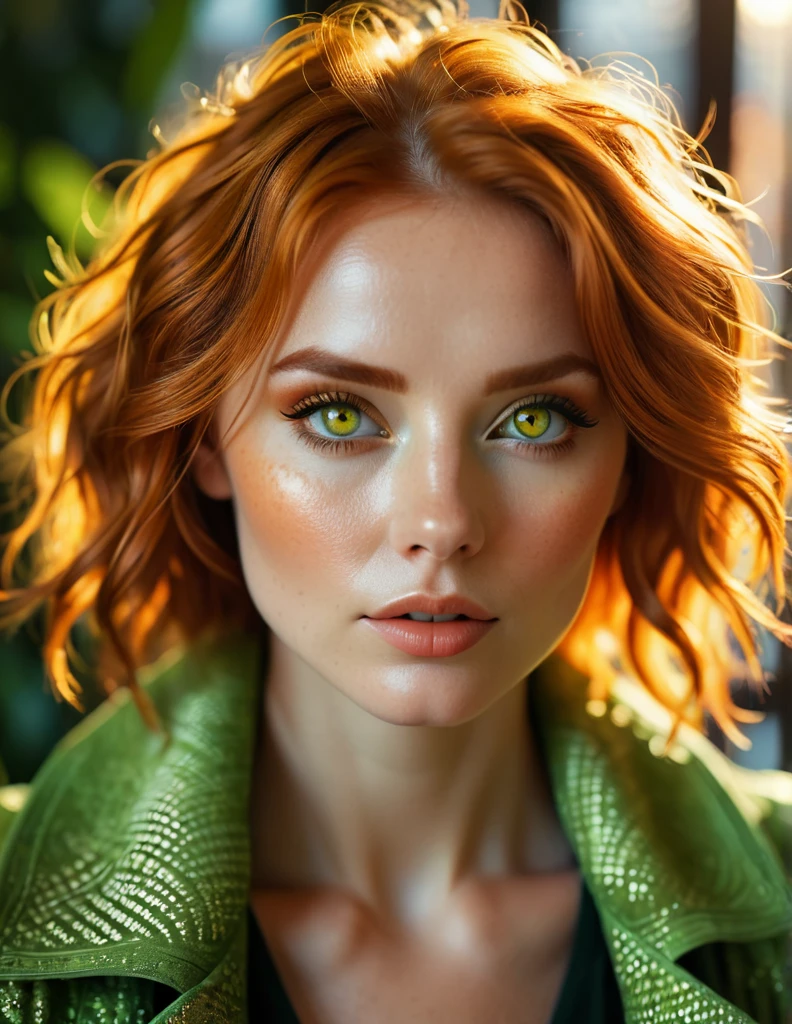 cinematic photo Cinematic image of an 1 copper-haired woman with macroscopic patterns inspired by the sun. Bright hazel eyes. Highlight concentric circles, radiant sun rays and a balcony backdrop, sexy clothing, using a summery palette of warm yellows, oranges and soft greens. I would be. Look for a serene expression and warm, diffuse lighting to emphasize delicate sun-inspired textures. Photorealistic cinema, 8k UHD natural lighting, raw, rich and intricate details, key visual, atmospheric lighting, 35mm photography, film, bokeh, professional, 4k, highly detailed. Shallow depth of field, vignette, highly detailed, high budget, bokeh, cinemascope, vibrant, epic, gorgeous, film grain, grainy, cinematic photorealistic, 8k uhd natural lighting, raw, rich and intricate details, key visual, atmospheric lighting, 35mm photography, film, bokeh, professional, 4k, highly detailed, cinematic, colorful background, concept art, 8k, dramatic lighting, high detail, highly detailed, hyper realistic, intricate, intricate sharp details, octane rendering, soft, lighting study, trend in artstation. . 35mm photography, film, bokeh, professional, 4k, highly detailed, dark skin