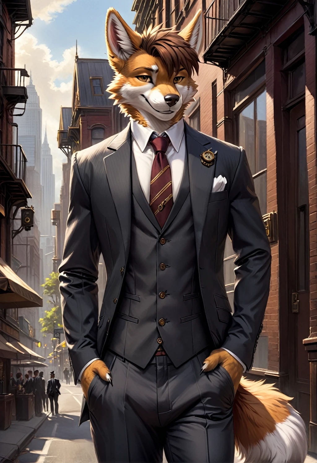 (furry art, uploaded on e621:1.4), 1boy, (solo_focus), (male) (furry:1.5) anthro, (upper body:1.3), on street, solo focus, detailed face, detailed eyes, detailed fluffy fur, fluffy tail, short hair, digitigrade, seductive pose, suit, fancy pants, digital painting, natural lighting, photorealistic (business suit:1.1), (smug face), smiling (cocky), steampunk