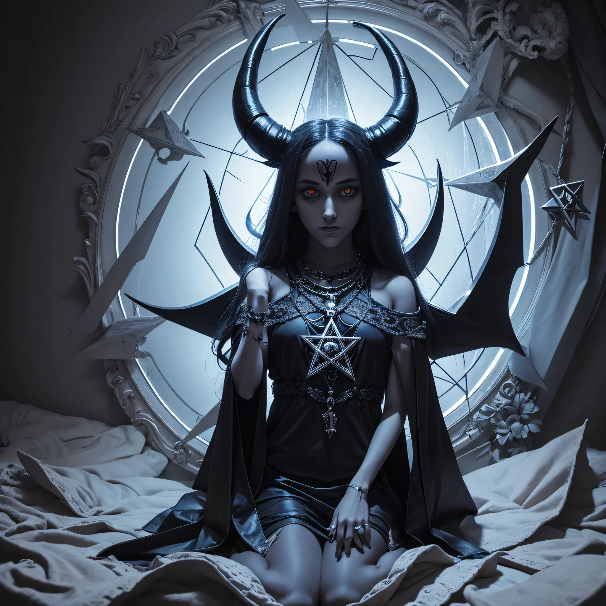 Hyperrealistic Digital art, homage to Jasmine Becket-Griffith, succubus wrapped in its own tail within a pentagram, combination of allure and menace, hyperrealistic texturing, utilizes double shadow exposure technique, 32k resolution, breathtaking surreal masterpiece, dramatic lighting, double exposure effect. detailed acrylic touches, grunge elements adding intricate complexity. High Resolution, High Quality, Masterpiece. best quality, masterpiece, super detail 