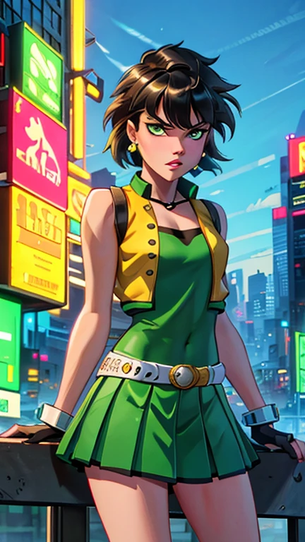 (Teens:1girl: ppgzbtc), (extremely detailed CG unit 8k wallpaper),(master part), (best quality), (ultra detail), (best illustration),(city-scene-aso), cowboy shot, (Sharp eyeliner, ombre, detailed eyes:1), night, cyberpunk city, outdoor, ,break , (timmstyle) - lora Style), upper body, green eyes, short hair, earrings, yellow vest, green skirt