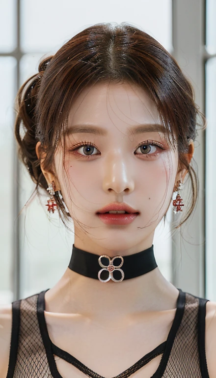 corto and pink eyes, dyed red and white, straight hair, black choker with a silver ring, black sleeveless top with mesh details, earrings, indoor environment with soft natural light, industrial style windows in the background, avant-garde and modern atmosphere, Front view, shallow depth of field, well balanced exposition