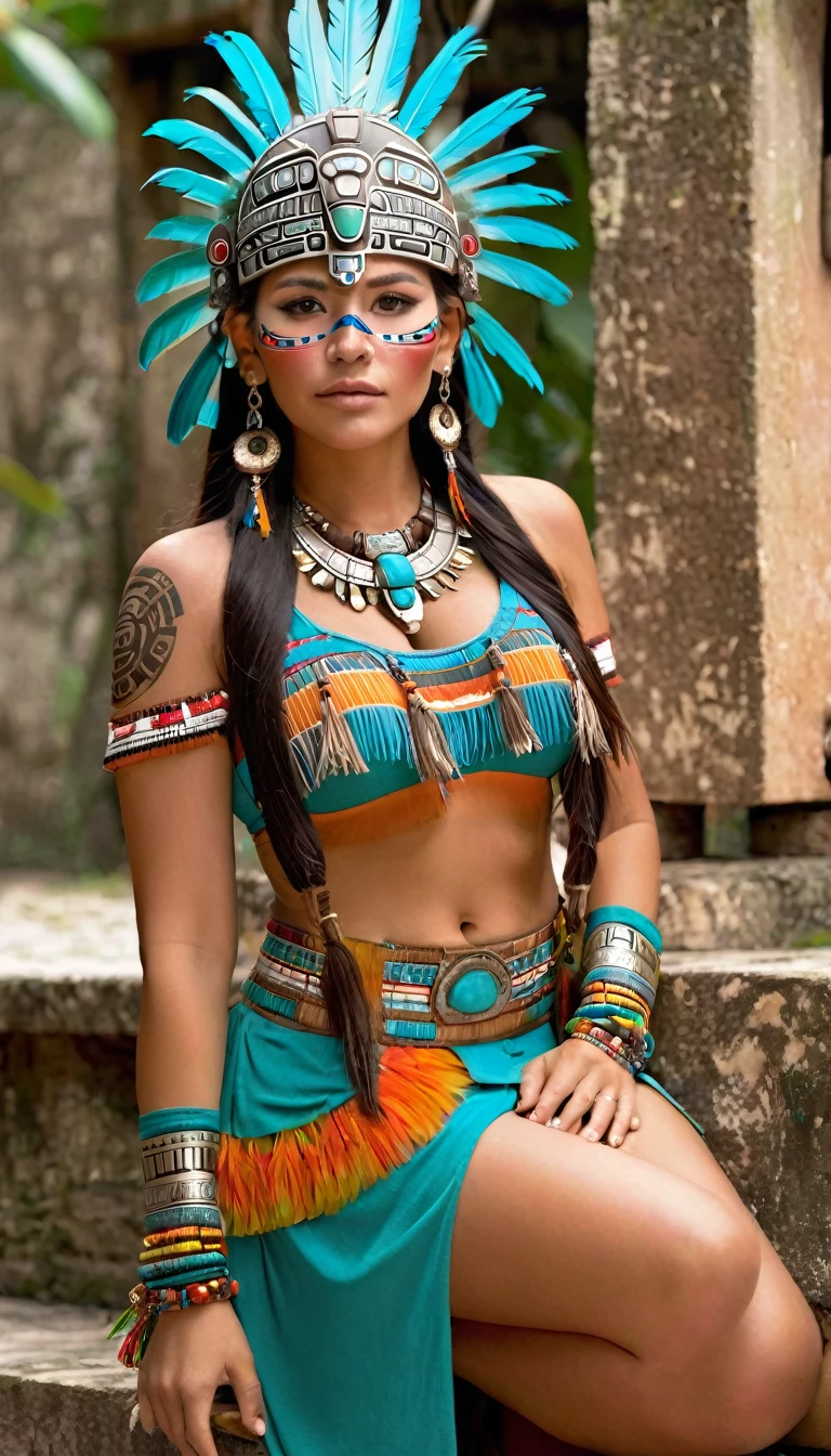 SFW. ((RAW photo, Best quality)), (Realistic, photo-realistic:1.2). A beautiful indigenous girl in native dress with feathers and feathers on her HEAD, Blue and red green macaw FEATHERS, jaguar on right. amazon indian peoples in brazil, beautiful young female brazilian Native girl, Hot body, body in good shape, very detailed face, Yanomami Indian in typical costumes,High quality. Amazonia forest Background. Cinematic lighting. 
