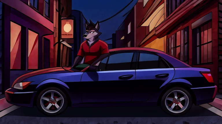 (masterpiece, best quality:1.2),  Vortex male hellhound, black fur, wolves, furry, helluva boss, sad face, wearing blue jeans and white t-shirt with red sweatshirt, looking at a white card in his hand, standing in front of a black car parked on the street, full body image, hell streets background