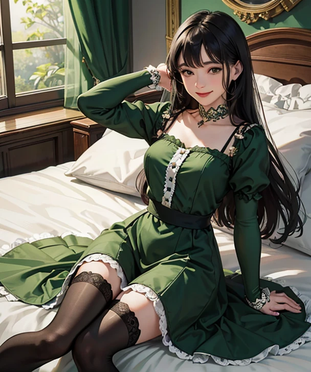 masterpiece, highest quality, Very detailed, 16k, Ultra-high resolution, Cowboy Shot, One 12-year-old girl, Detailed face, Perfect Fingers, suiseiseki, bonnet, head scarf, heterochromia, green dress, neck ribbon, twin drills, white socks, shoes, White panties, Western-style building, classical European style bedroom, Lie on your back