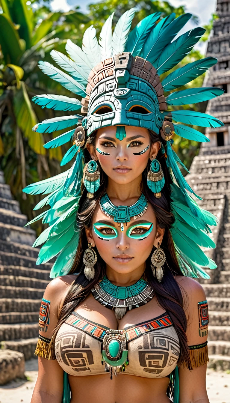 SFW. ((RAW photo, Best quality)), (Realistic, photo-realistic:1.2). A beautiful indigenous girl in native dress with feathers and feathers on her HEAD, Blue and red green macaw FEATHERS, jaguar on right. amazon indian peoples in brazil, beautiful young female brazilian Native girl, Hot body, body in good shape, very detailed face, Yanomami Indian in typical costumes,High quality. Amazonia forest Background. Cinematic lighting.