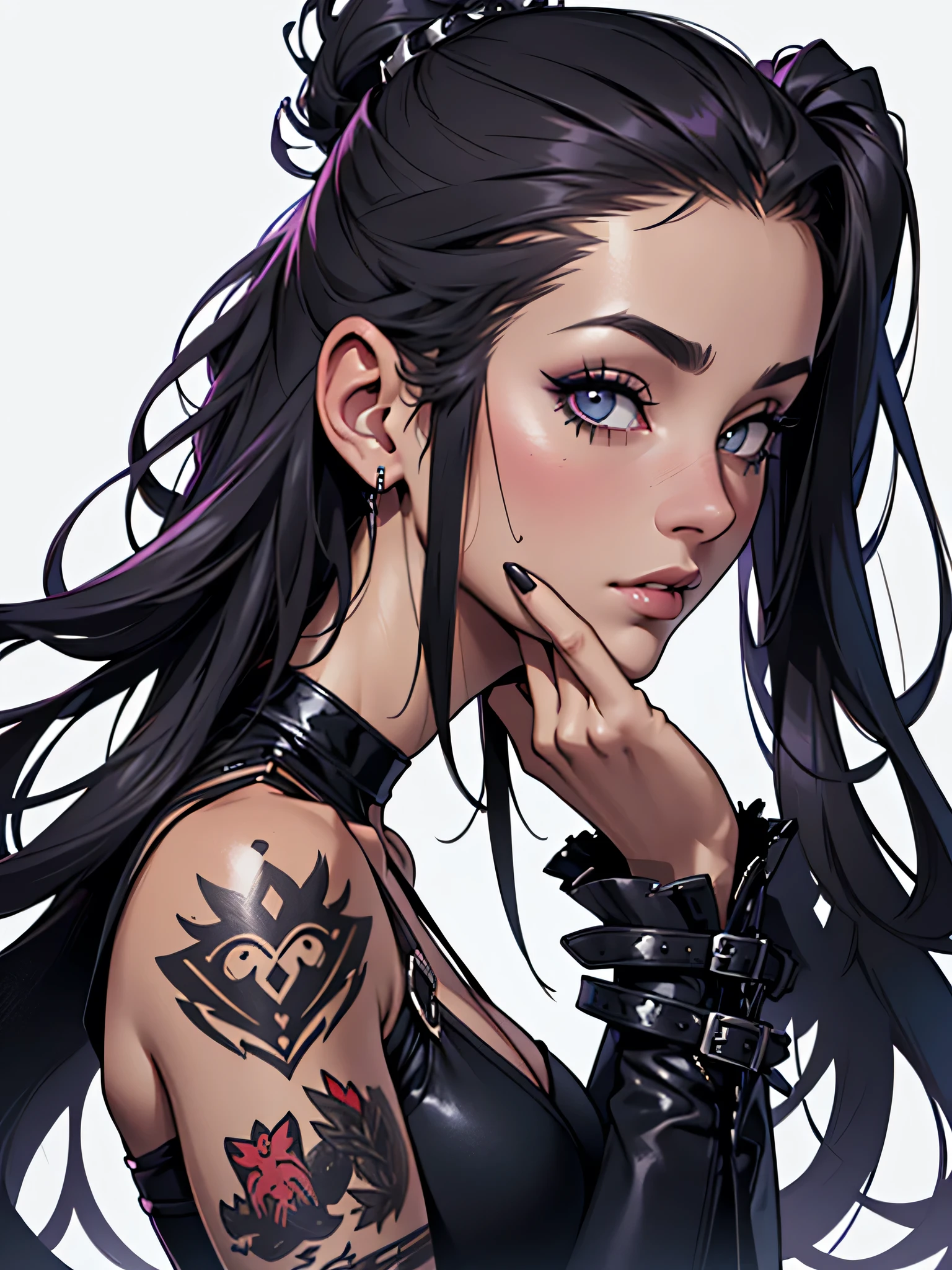 "(1 girl view, All realistic intrincate details)": "(A side view illustration of Csilla, A 1 with a body identical to Priscilla Ricart with a distinctive combination of punk and gothic style. In this view, Csilla&#39;s long wavy blue hair can be seen falling to one side, showing her two braids adorned with large bows and silver flower-shaped brooches. His deep blue eyes are visible from the side, keeping a serene and melancholic look. She is wearing a white blouse with lace and sheer details., with a wide V-neckline adorned with a black cross. Her black miniskirt with a decorative belt, which includes pendants such as a crescent moon shaped amulet, It is also visible from the side. Csilla, legs show a black fishnet stocking on one leg and a white bandage with a black cross on the other.. She is wearing black fingerless gloves, with one of them featuring a mesh design, and black shoes with buckles, combined with white socks with ruffles. The background is a futuristic cityscape, but the focus is on Csilla, side profile, capturing its unique and detailed appearance, ((50% nude)))"