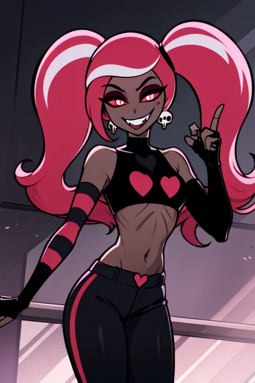 VelvetteHH, dark eyeshadow, white pupils, red sclera, pink hair, two-tone hair, twintails, long hair, skull earrings, colored skin, dark skin, fangs, black jacket, (black crop top:1.4), (crop top with heart design), bare shoulders, fingerless gloves, elbow gloves, (vertical striped pants:1.2), standing, smile, looking at viewer, indoors