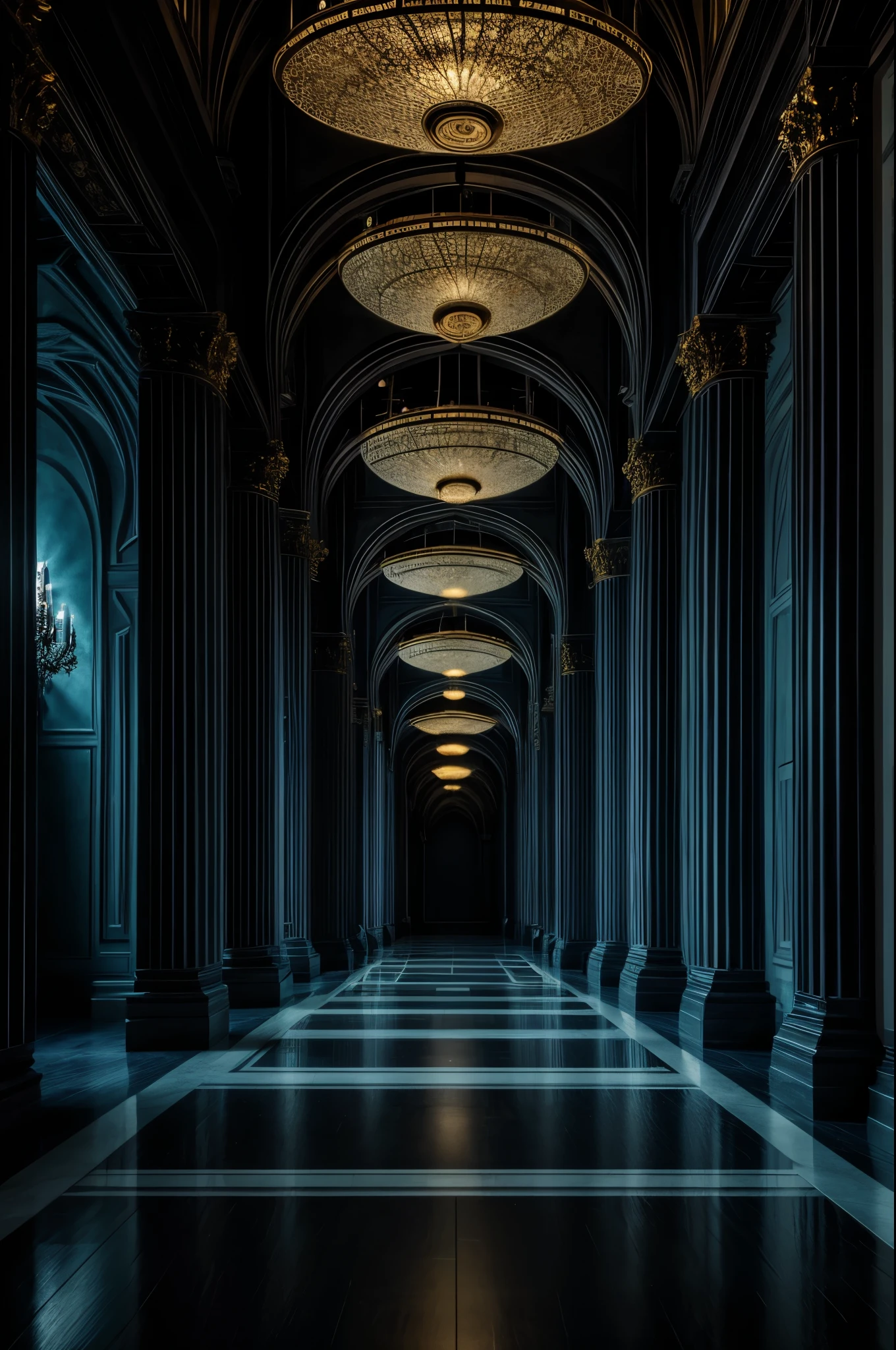 A large labyrinthine hall where countless mirrors adorn the walls, creating an illusion of infinite worlds that extend beyond the confines of the room. Each mirror reflects the other, visualizing different worlds, creating a hypnotic labyrinth of reflections that evokes a sense of mystery and intrigue. The cinematic quality of the space is accentuated by the contrasting light that casts contrasting shadows, enhancing the enigmatic atmosphere. Color Contrast