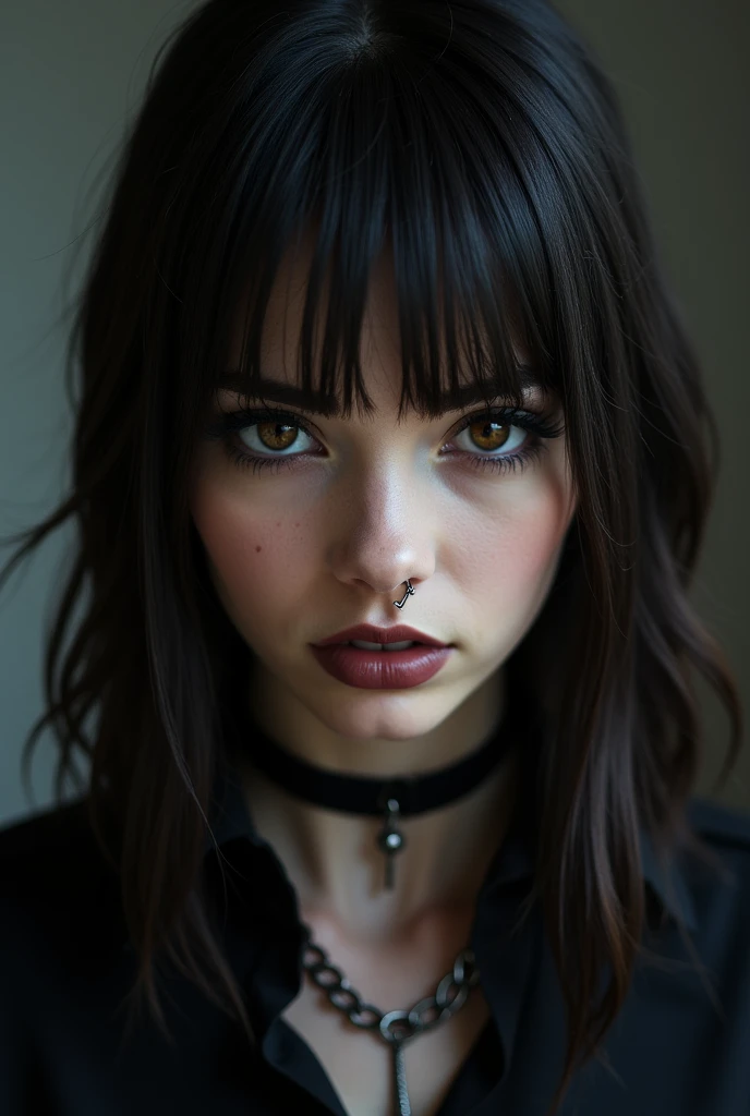 masterpiece,(best quality,top quality,8k),realistic,photorealistic,detailed eyes and face,(1girl), brown eyes, black hair, messy hair, short hair, hair between eyes, goth, gothic, choker, (thick lips:1.2), (black dress:1.2), pretty girl, beauty skin, ultra high res, raw photo , detailed body ,(puffy eyes) ,good contrast , high sharpness,(gorgeous),realistic,RAW Photography,(hyperdetailed:1.2)