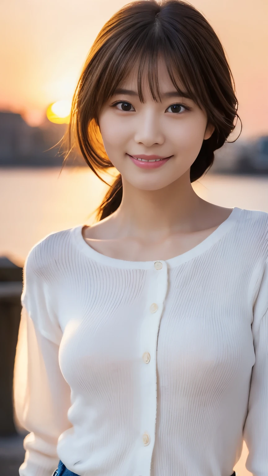 masterpiece, best quality, ultra high res, ultra detailed, sharp focus, 1girl, 独奏, a stunning pretty and beautiful Japanese sexy model, 19yo, looking at viewer:1.3, (bright smile:0.6), wearing a (blouse), dusk, sunset, night, realistic, Slender, (standing:1.1), (looking at the viewer:1.3), sexy gaze, blush, (upper body shot:1.6), messy hair, asymmetrical bangs, light brown hair, messy hair style, ((Pure white camisole、Hands behind head、smile:1.8、Light clothing))、((naked:1.5、Nipples are erect:1.2、Large Breasts:1.2、Shortcuts:1.5、ponytail:1.5、Hands behind head:1.5、Knit shirt))