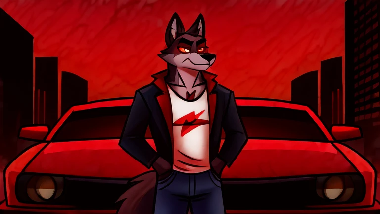 (masterpiece, best quality:1.2),  Vortex male hellhound, black fur, wolves, furry, helluva boss, sad face, wearing blue jeans and white t-shirt with red sweatshirt, looking at a card in his hand, standing next to a black car, full body image, hell streets red sky background