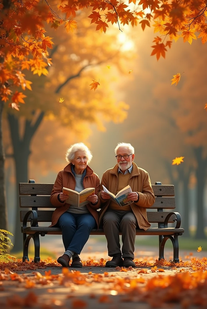 Realistic image of an elderly couple sitting on a park bench with ...