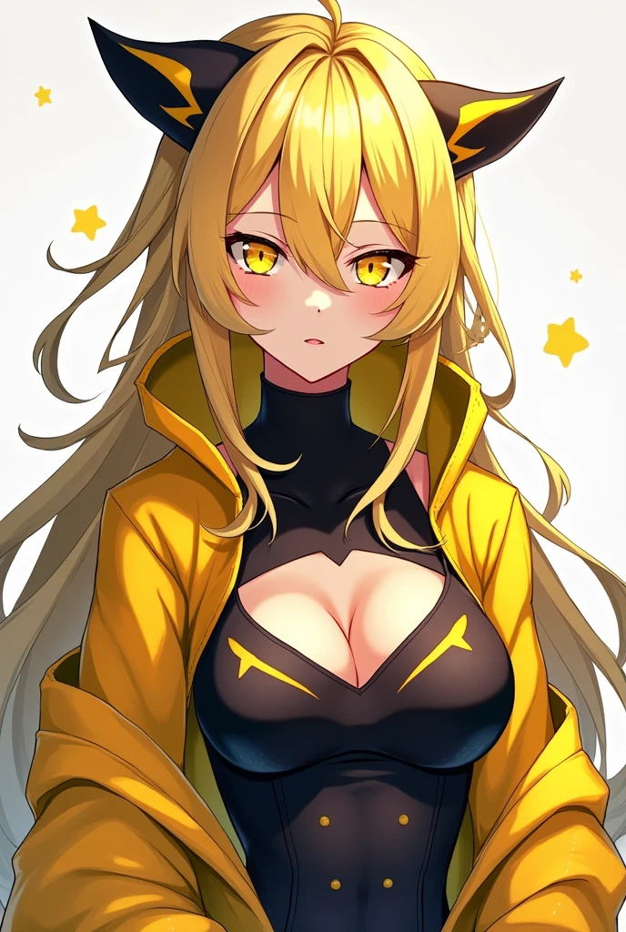 masterpiece, highest quality, One girl, View your viewers, cute, bikini, Medium chest, Yellow Eyes, Eyes Wallenstein, Yellow Hair, Long Hair, Beautiful fine details, Put your arms behind your head, Embarrassing, (Upper Body:1.4), Simple Background