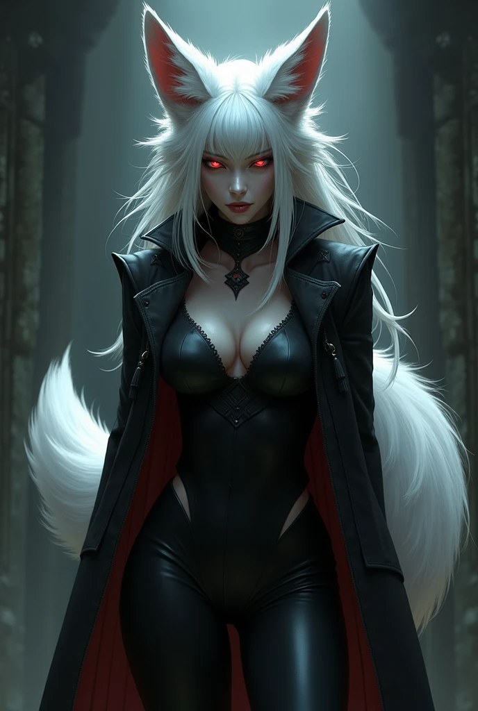 a female werewolf, white fur, white hair, orange eyes, wearing a white top, black open leather jacket, black miniskirt, curvy body, sexy body, lingerie panties (best quality,4k,8k,highres,masterpiece:1.2),ultra-detailed,(realistic,photorealistic,photo-realistic:1.37),detailed eyes,detailed face,detailed lips,extremely detailed face and eyes,longeyewashes,dark fantasy,chiaroscuro lighting,dramatic lighting,moody lighting,cinematic lighting,dramatic contrast,dramatic shadows,volumetric lighting,vibrant colors,vivid colors,dark colors,dark moody