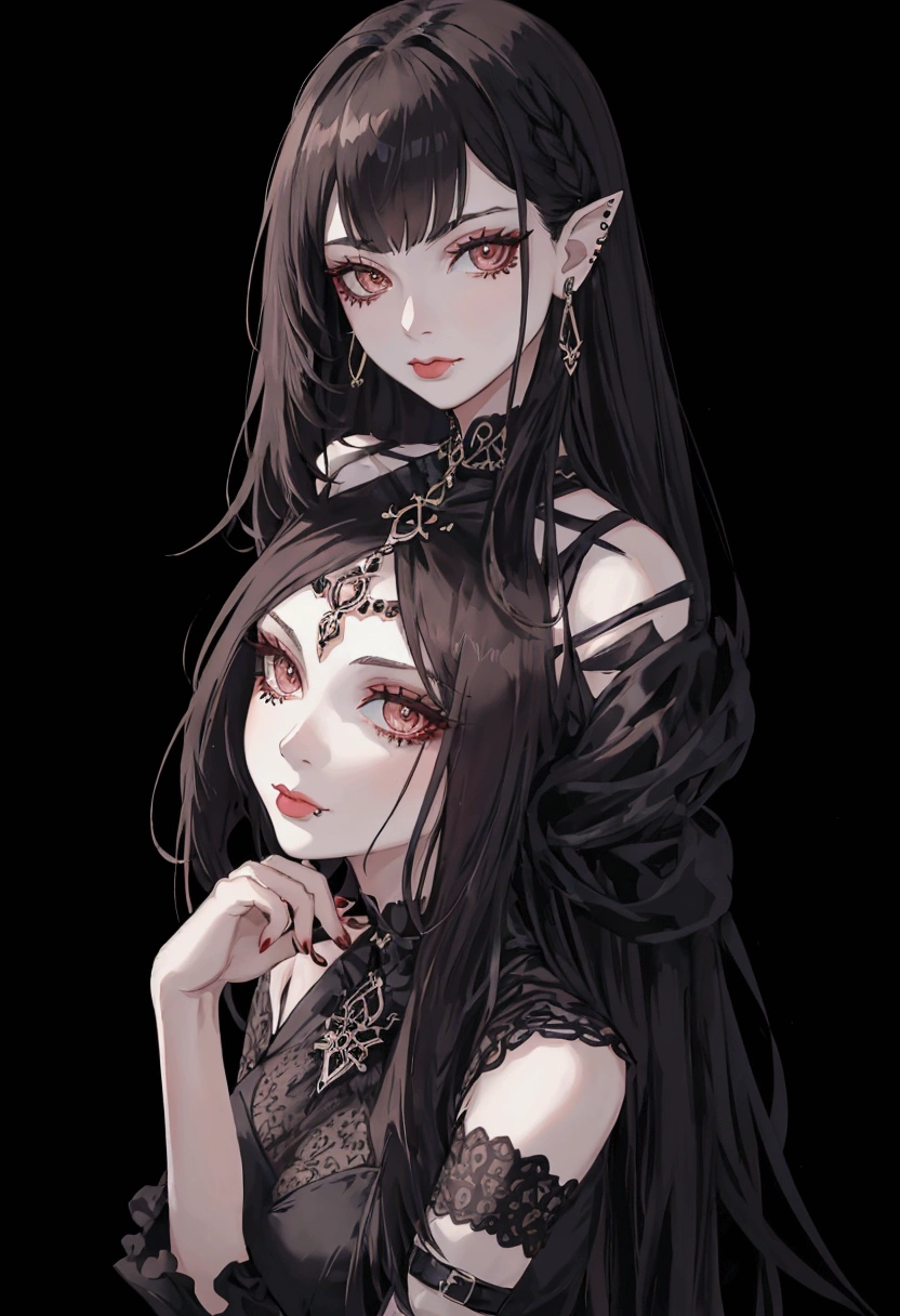 a high resolution, masterpiece, Very detailed, detailed eyes, Two girls, twins, Very long hair,white and black hair, blue and scarlet eyes, flat chest, Long sleeves, white stockings, bare chest, naked torso, full length, Red shoes, Front angle, 