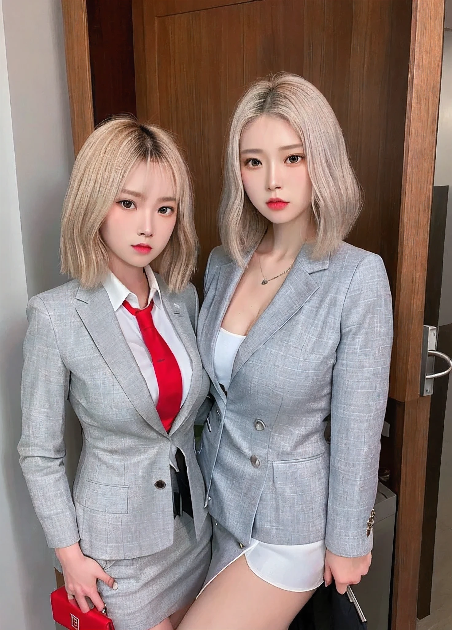Highest quality,Ultra HD,8k,(Two beautiful Asian hit women), (Silver hair 1.8), (White skin), (Serious face), Red skirt suit 1.5, (((Three-piece suit))), (((Dress shirt))), (((tie))), blazer,(Thigh 1.2,Large Breasts), (((Bink's suit jacket))), Black shiny lapel, (((Bodycon mini skirt))), Tight Skirt, Barefoot 1.2,Cufflinks, (Night city background), View from the front, Well-groomed and beautiful face 1.2, Dynamic pose, Ambient Lighting, Photographic realism, Intricate facial details, Exquisite handcrafted details, Very detailed, Vibrant colors, Cinematic, High resolution, Art Station broadcasts trending styles live, , Excited,