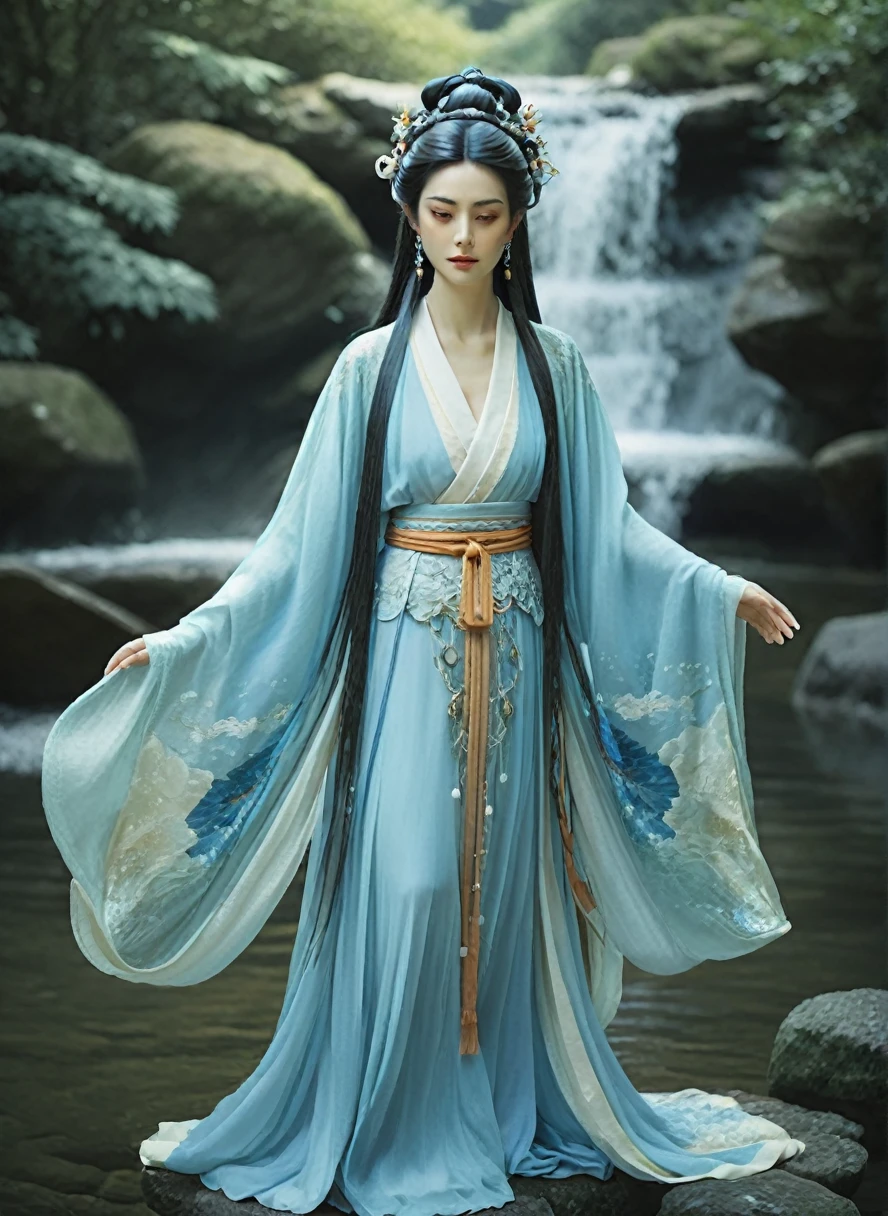 A beautiful woman, full body portrait, goddess Benzaiten, extremely detailed face and eyes, long black hair, intricate hair ornaments, flowing robes, abstract background, cinematic lighting, ethereal, glowing skin, cold colors, mostly blueish colors, digital art, 8k, Studio Ghibli style, masterpiece, near a water body