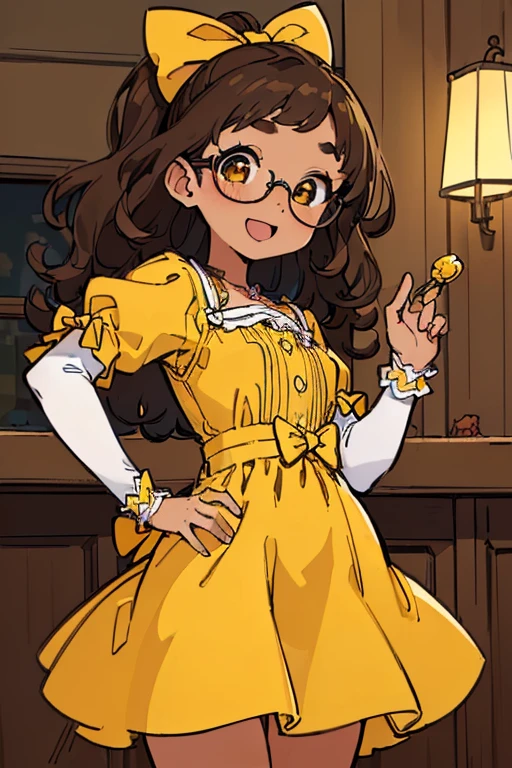 ((Masterpiece: 1.5, Best Quality, High Resolution: 1.3, Super Resolution, Super Detailed, Ultra Detailed: 1.3, Perfect Anatomy:1.5, 1 ***********) brown skin + long curly brown hair + hazel eyes + long eyelashes + female figure (yellow dress with a bow on her hip, glasses) ((open eyes, happy expression, luminous eyes))