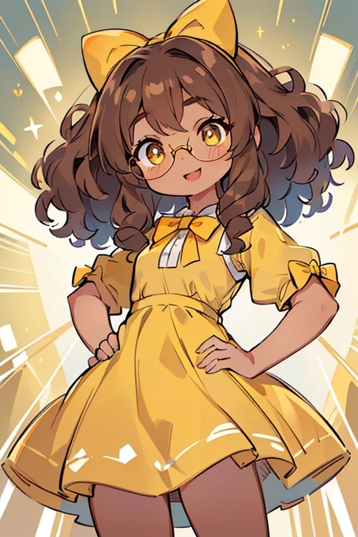 ((Masterpiece: 1.5, Best Quality, High Resolution: 1.3, Super Resolution, Super Detailed, Ultra Detailed: 1.3, Perfect Anatomy:1.5, 1 little girl) brown skin + long curly brown hair + hazel eyes + long eyelashes + female figure (yellow dress with a bow on her hip, glasses) ((open eyes, happy expression, luminous eyes))