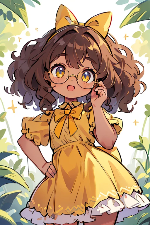 ((Masterpiece: 1.5, Best Quality, High Resolution: 1.3, Super Resolution, Super Detailed, Ultra Detailed: 1.3, Perfect Anatomy:1.5, 1 little girl) brown skin + long curly brown hair + hazel eyes + long eyelashes + female figure (yellow dress with a bow on her hip, glasses) ((open eyes, happy expression, luminous eyes))