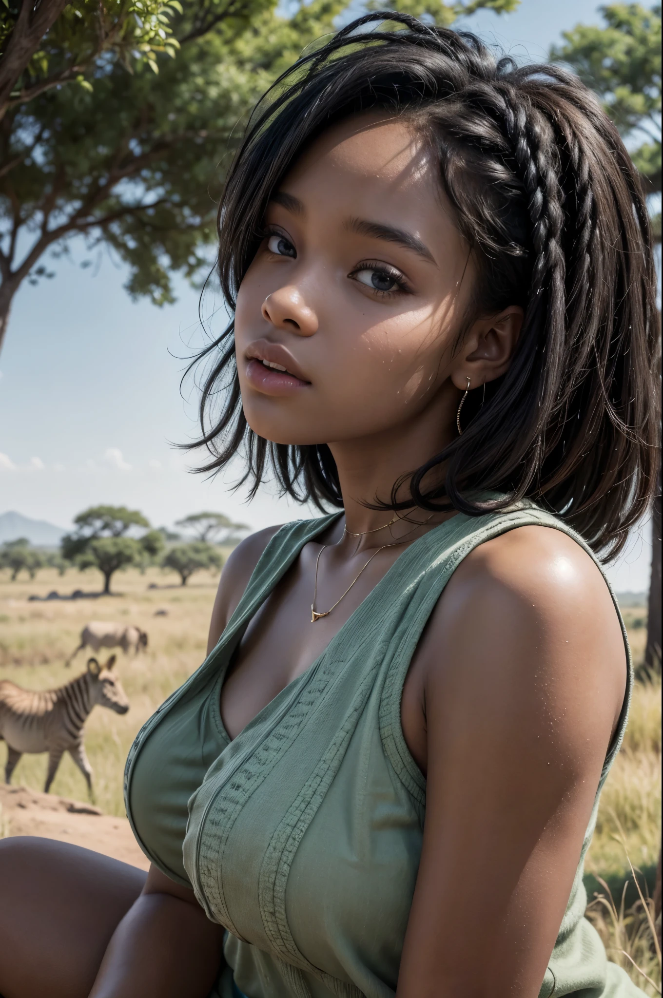 "ultra-realistic image of a gorgeous south African 19 years old, best quality, 8-k, Masterpiece, caramel skin, perfect body, wearing neon mini skirt, white crop top, smiling, skinny, ultra thin waist, black hair, short curly afro hair , gigantic round butt, big hip bones, standing next to an elephant, in johannesburg zoo, smiling, piercing green eyes, rihanna, lori harvey, fine details, super detailed face"