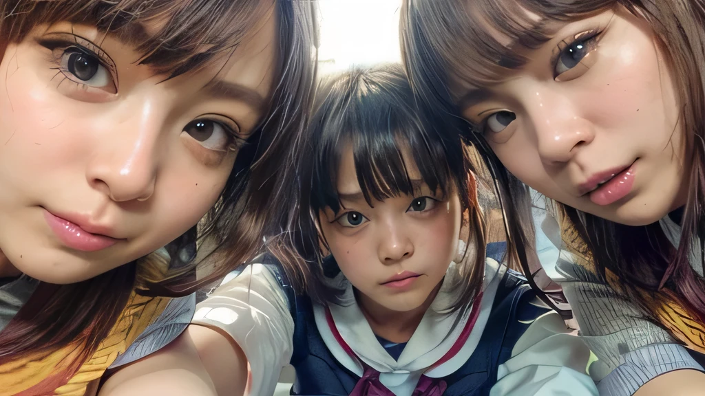 Highest quality、High resolution、Detailed Background、(Beautiful face in every detail:1.4)、Anatomically correct、Detailed facial expressions、age beauty、Highly detailed face、(Huge breasts:1.2)、cute hair color、Bobcut、ponytail、cute hairstyle、well-groomed eyebrows、Perfect body line、School classroom、JK Uniform、(A shot from below of three beautiful girls looking at us with cold eyes:1.5)、Close up from below、look at me with cold eyes、glare、cute