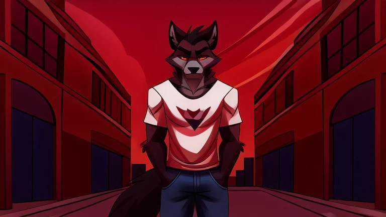 (masterpiece, best quality:1.2),  Vortex male hellhound, black fur, wolves, furry, helluva boss, sad face, wearing blue jeans and white t-shirt with red sweatshirt, standing in front of a street waiting. full body image, hell streets red sky background