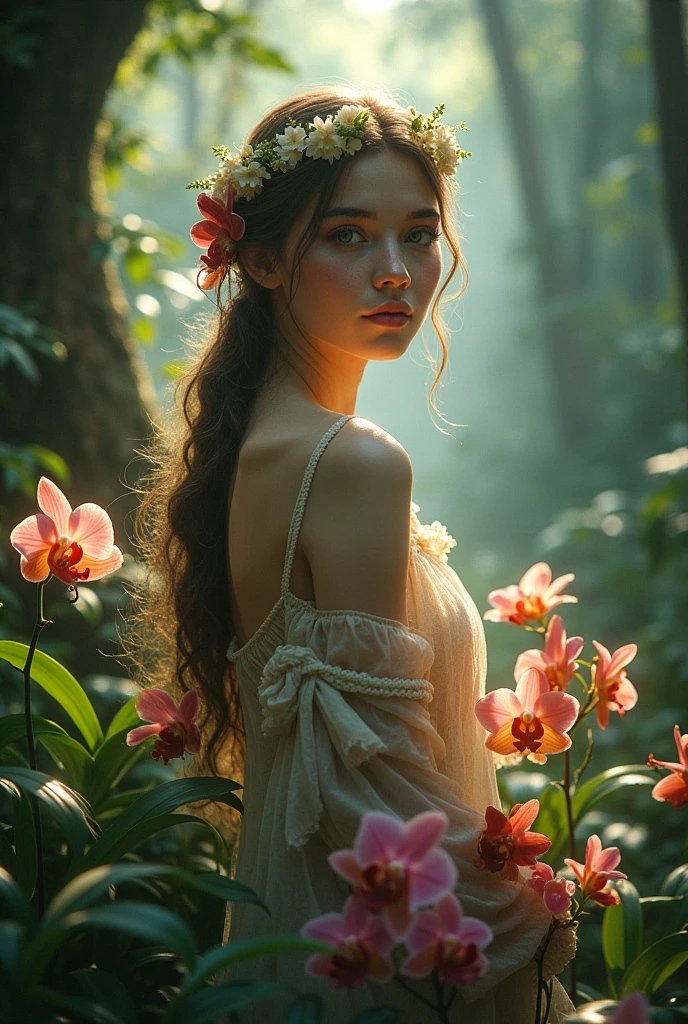 A young woman naked on the forest with flowers over her body